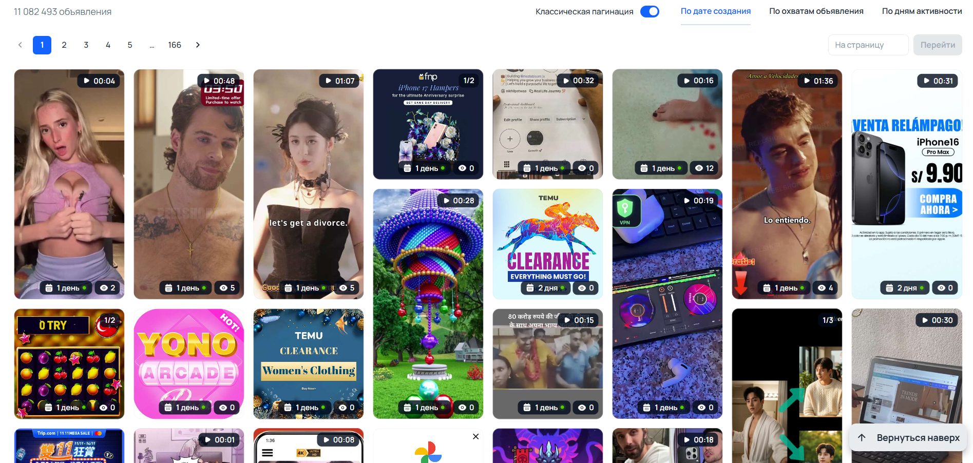 Результат выдачи креативов по параметру приложений