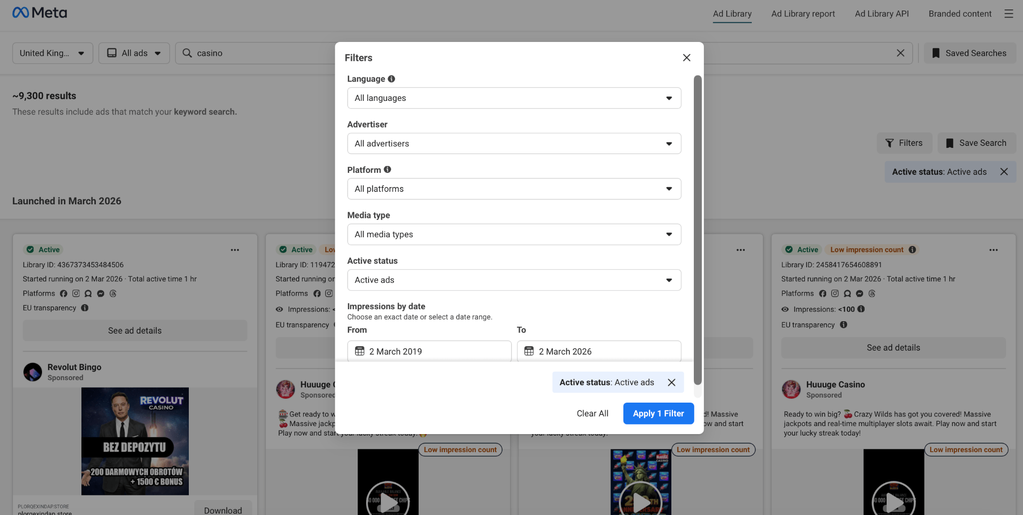 Facebook Ad Library filters