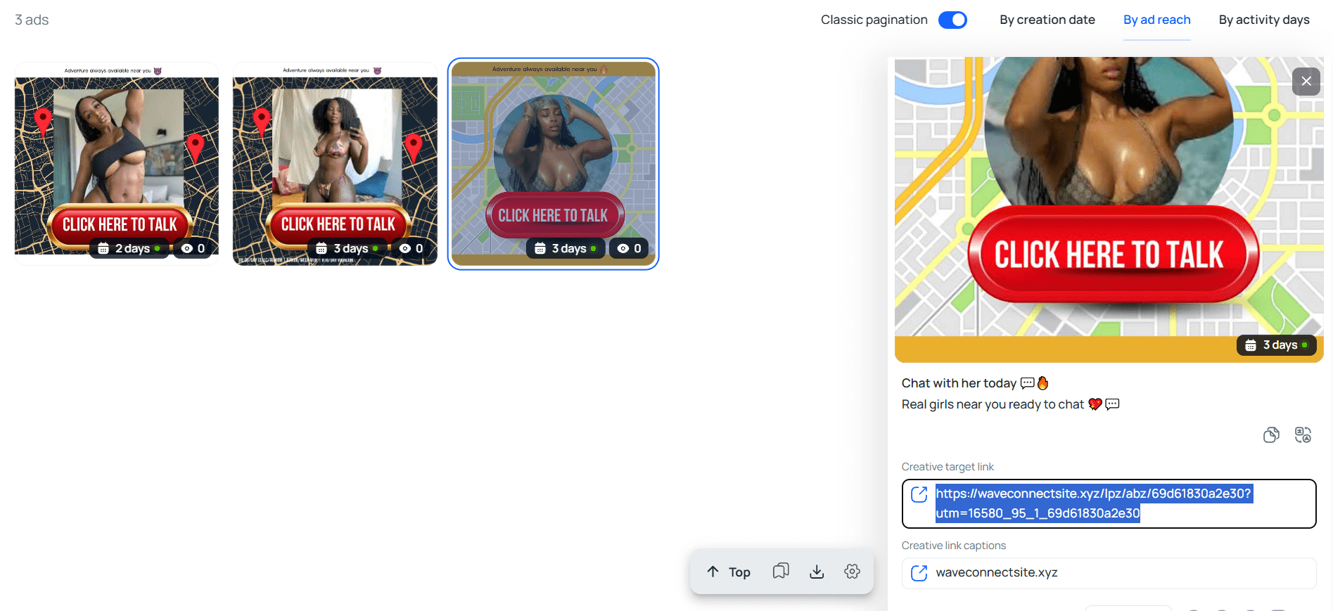 Dating ads with landing pages