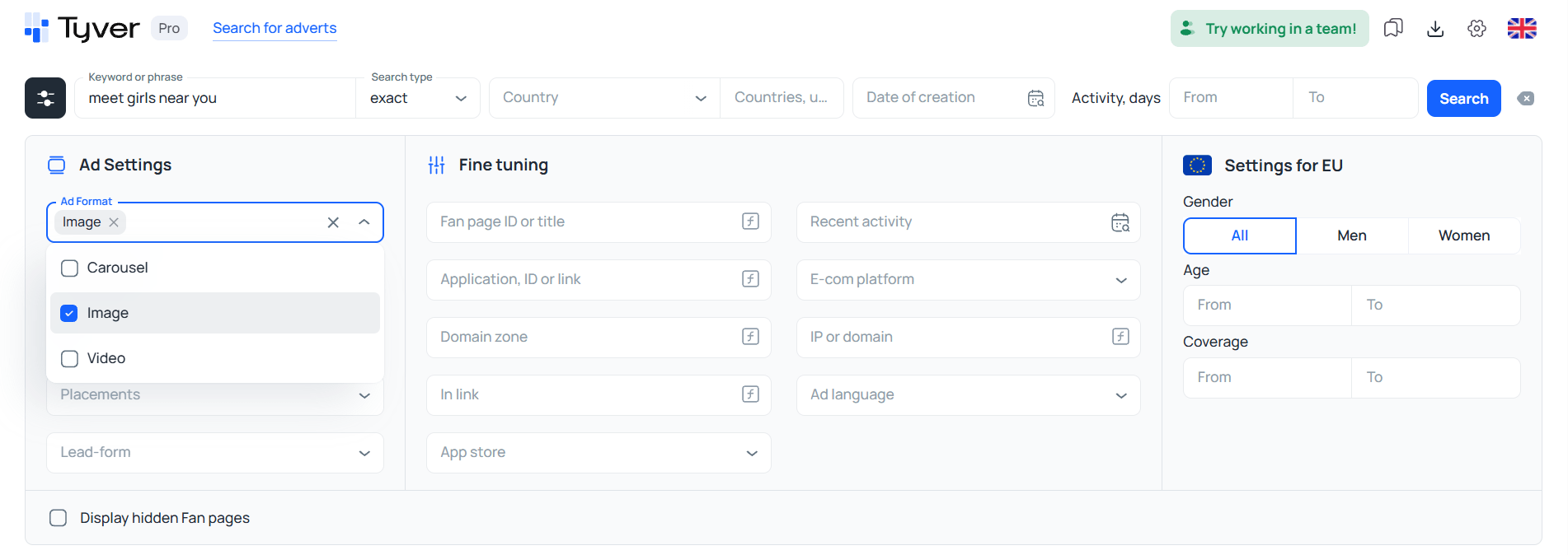 Ad format filter in spy tool