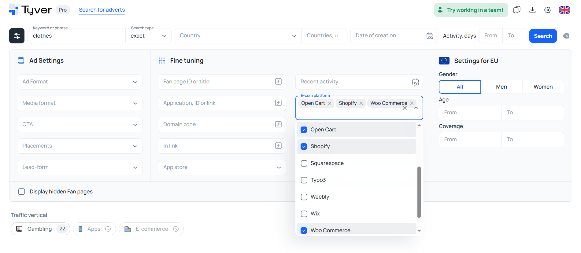 E-commerce platform filter in Tyver