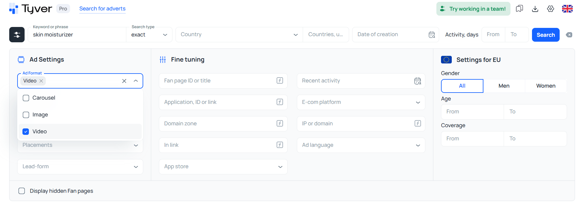 Ad format filter in Tyver