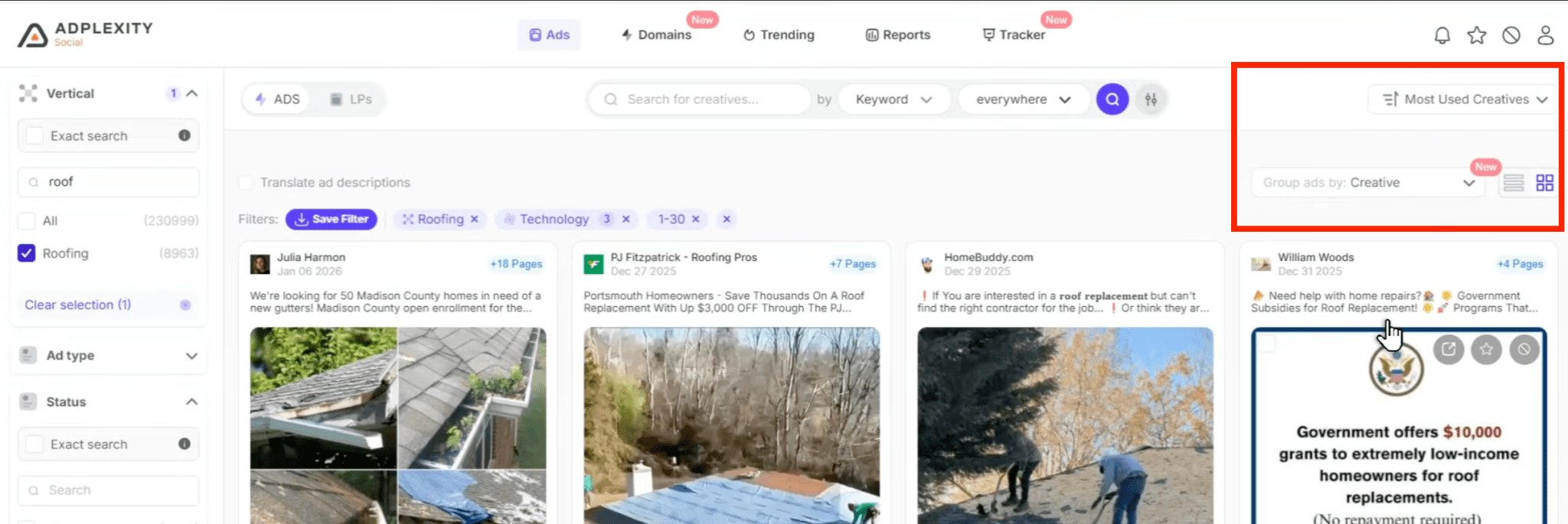 Группировка объявлений по креативам Group ads by в AdPlexity