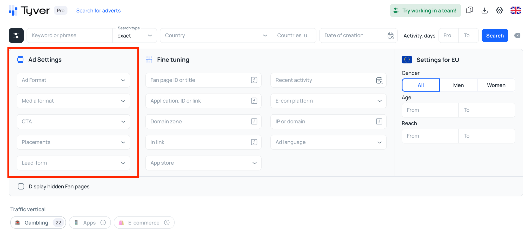Ad Settings filter column in Tyver