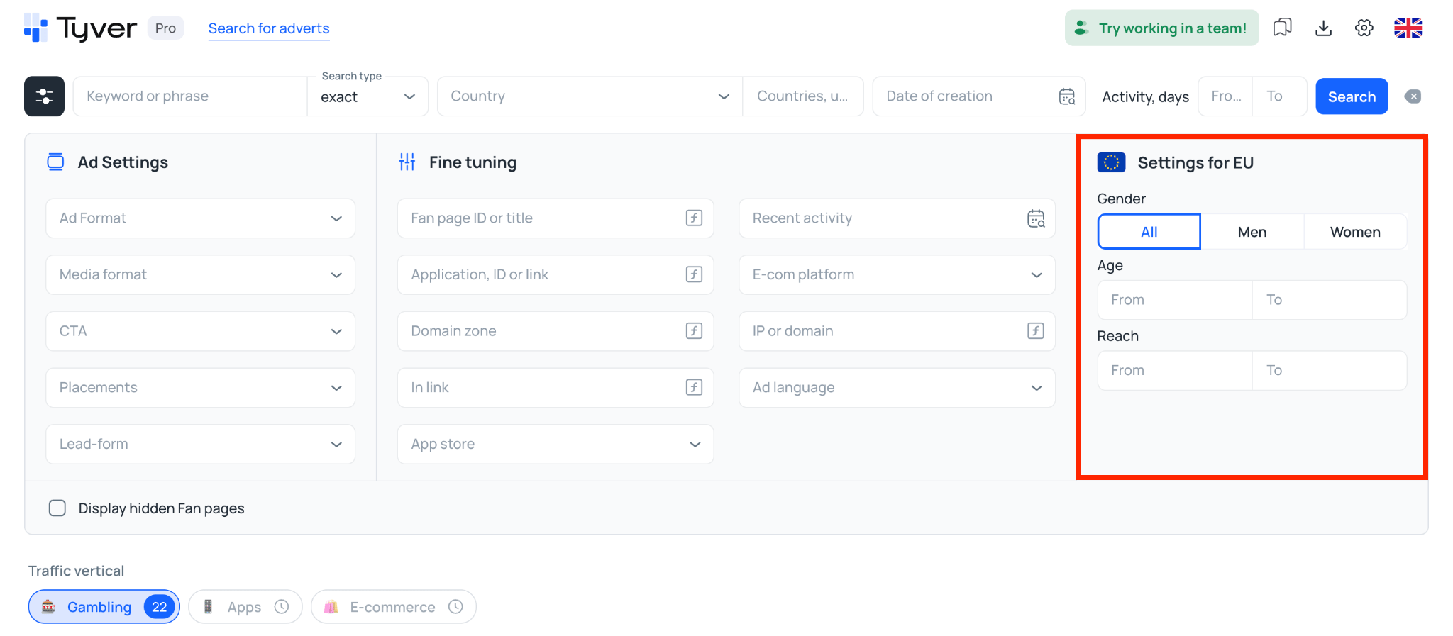 EU Settings column with audience age, gender, and reach filters in Tyver