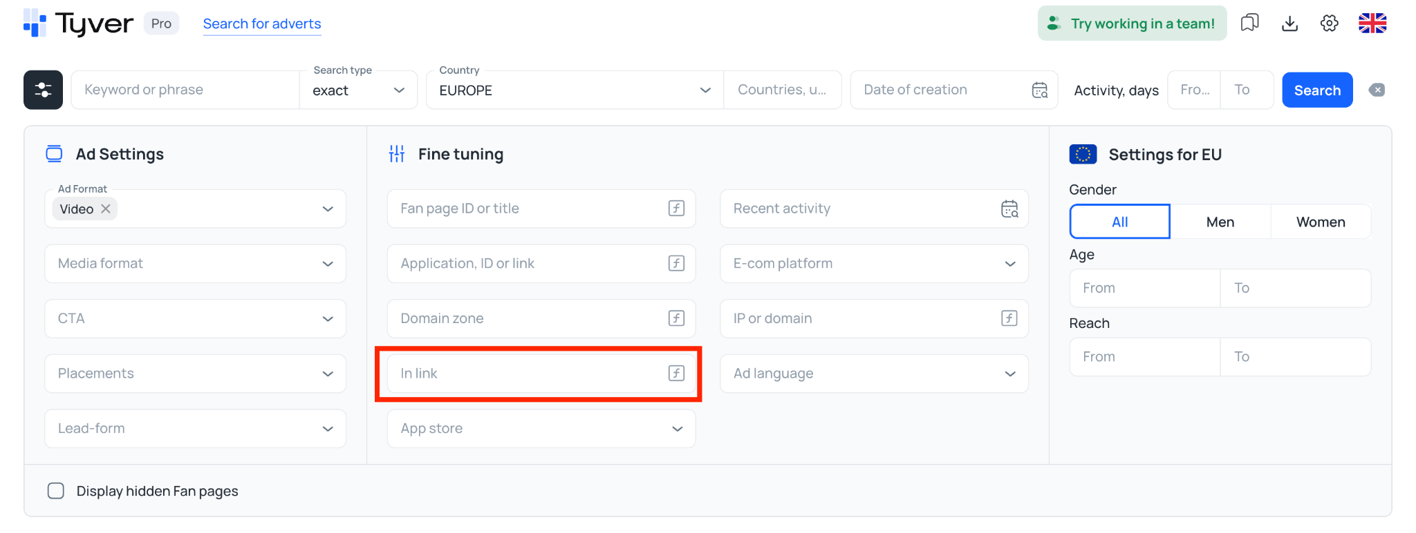 Searching ads by tracker parameters in the URL field in Tyver
