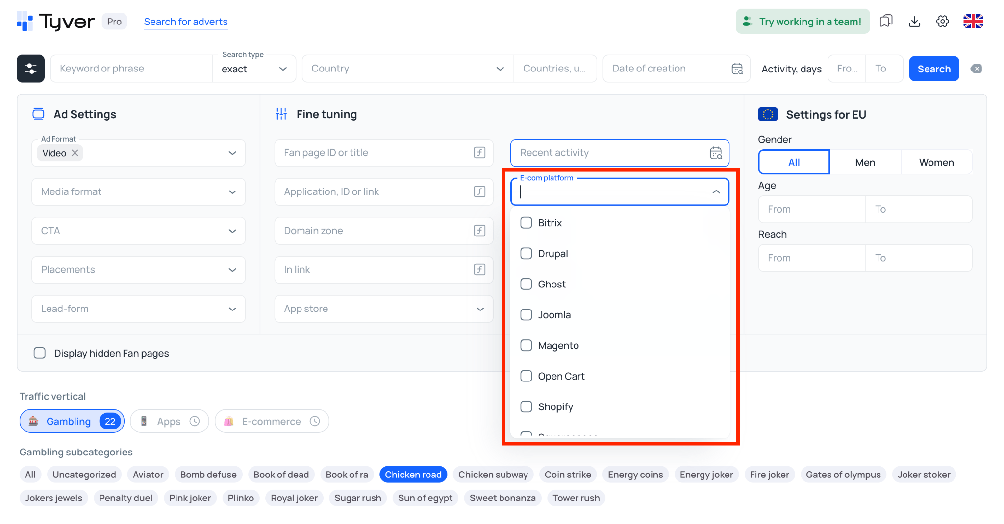 Filtering ads by e-commerce CMS platform in Tyver