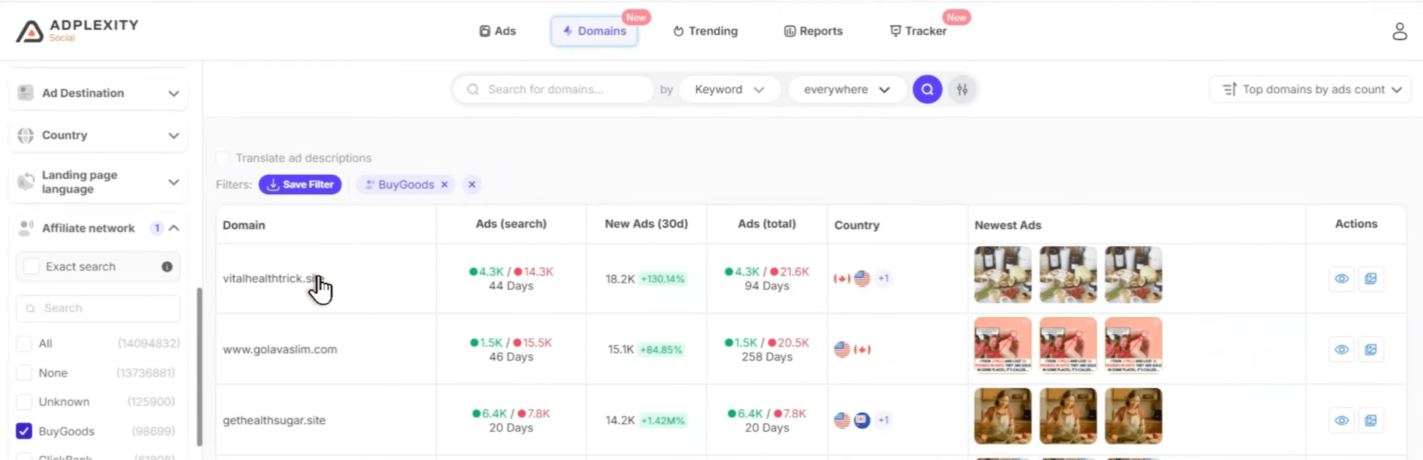 Domain analytics showing a competitor's active and stopped ads in AdPlexity