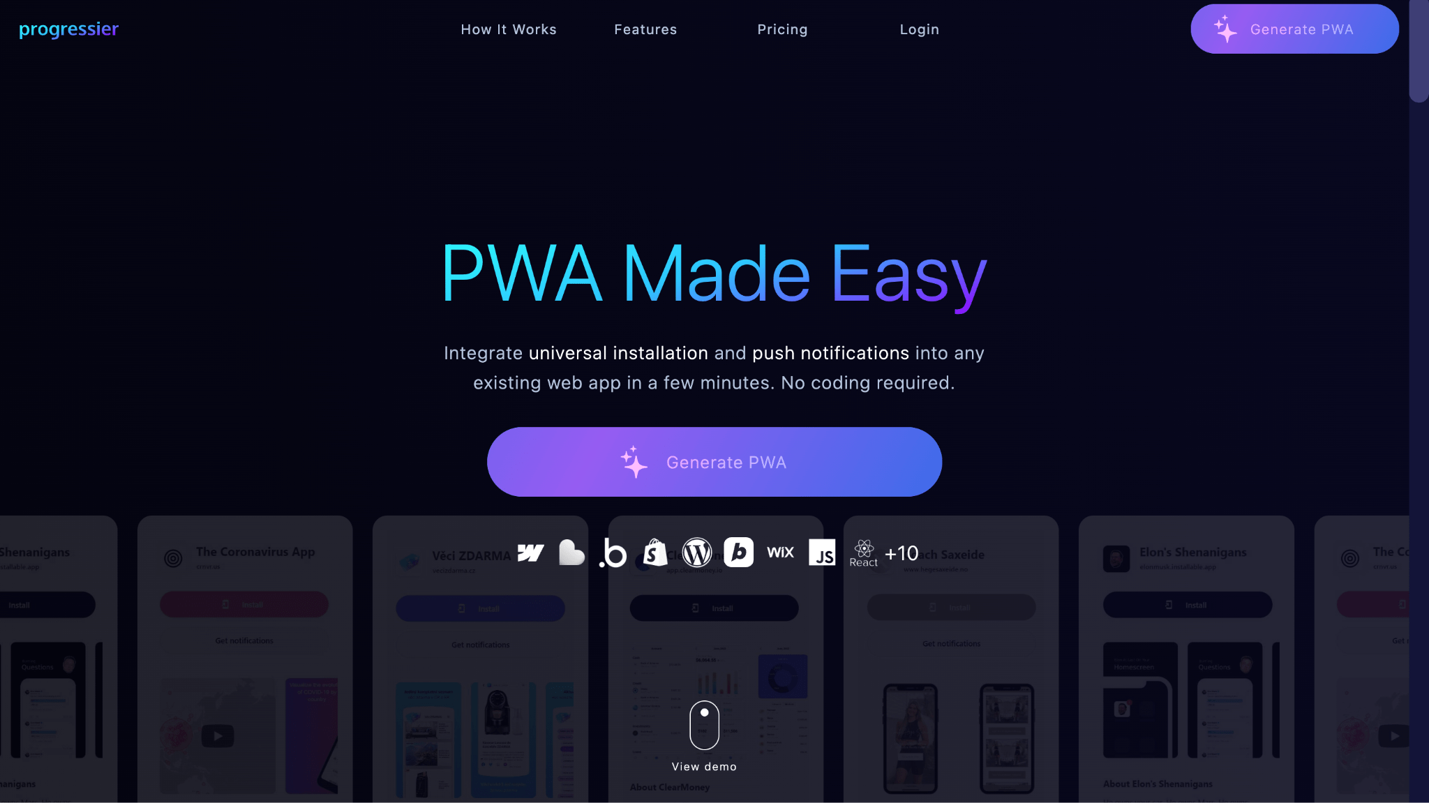 Облачный конструктор PWA Progressier без написания кода