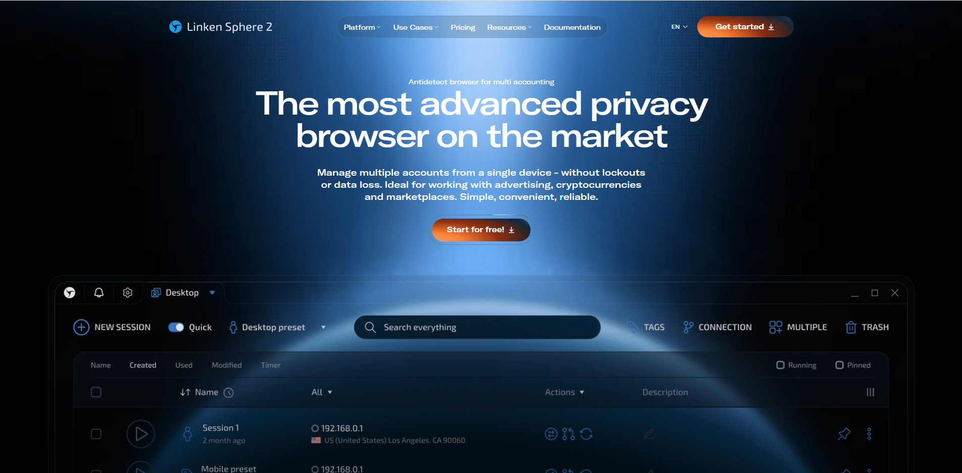 Linken Sphere antidetect browser interface