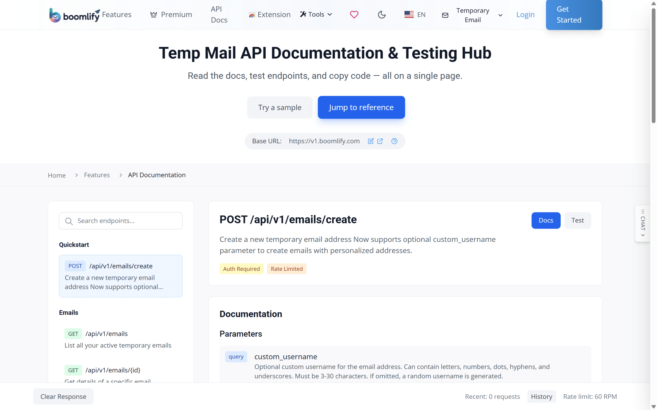 Boomlify API hub with endpoints and rate limit