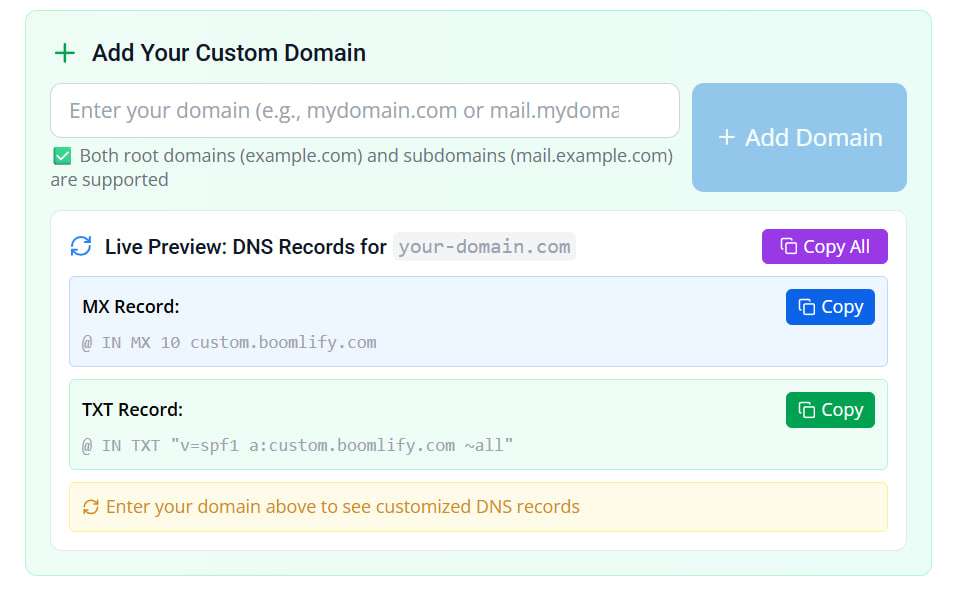 DNS records for a custom domain in Boomlify