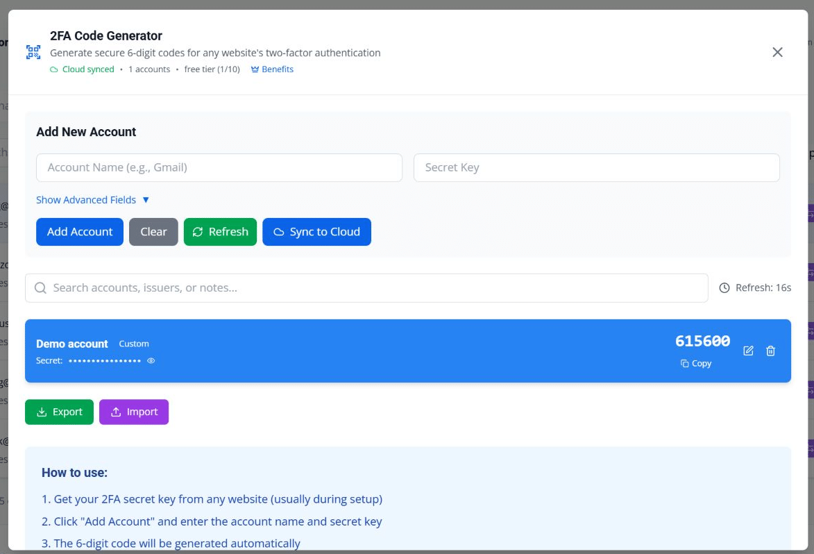 Boomlify 2FA code generator in the dashboard