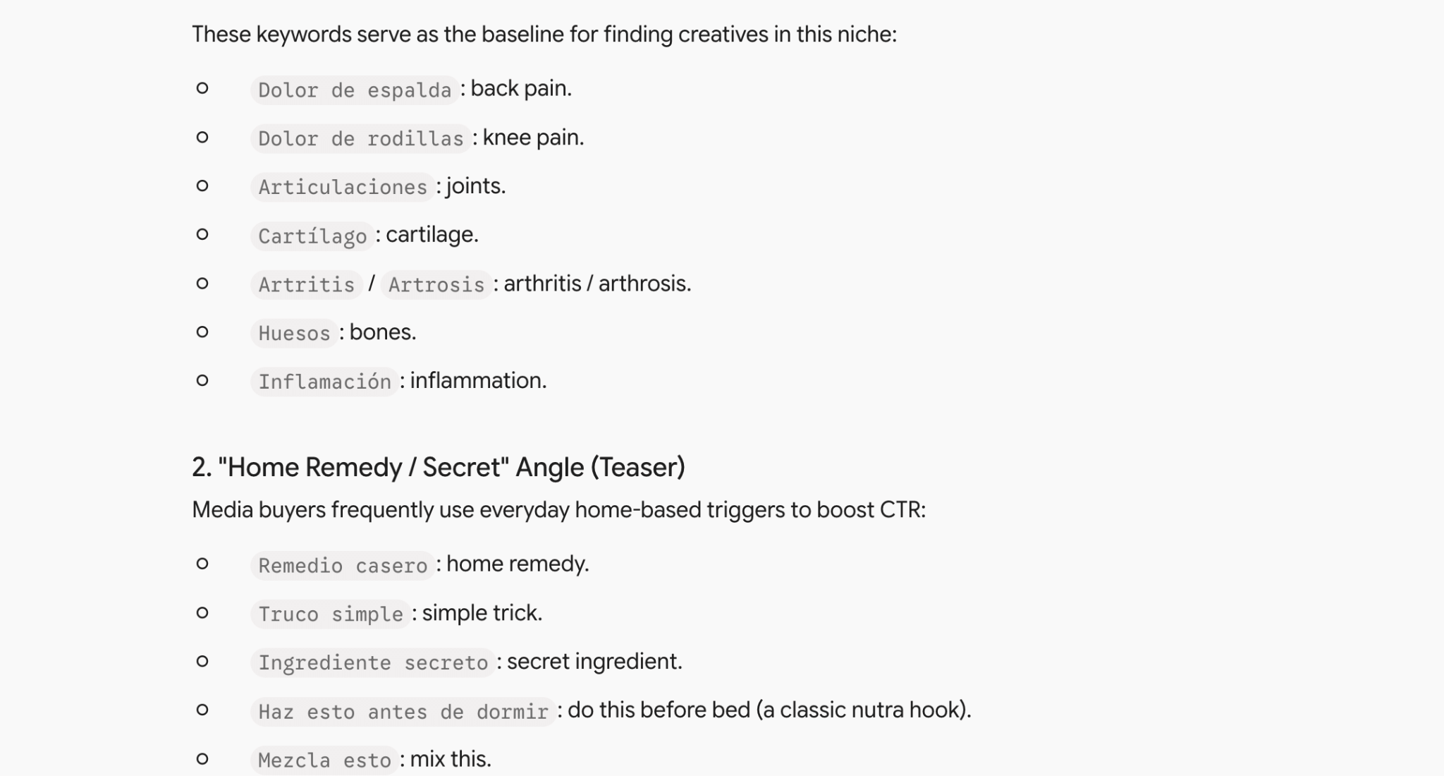 Keywords for nutra creative research