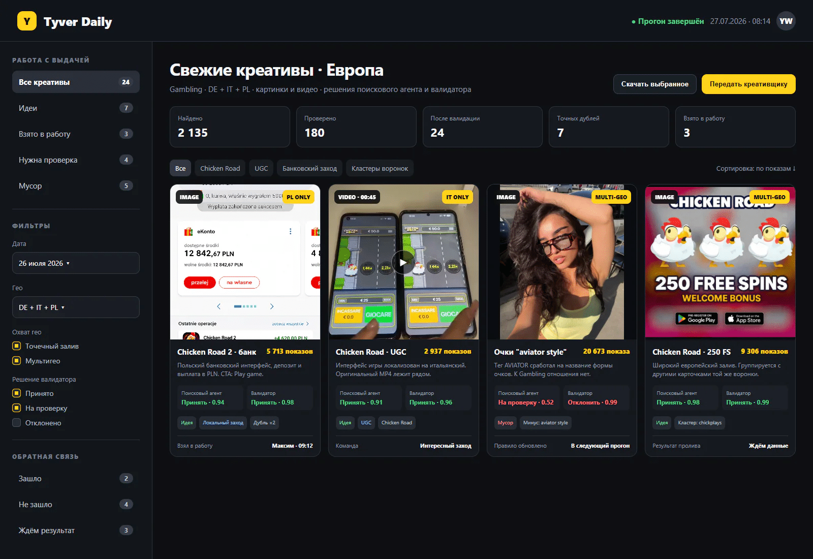 Interface with creatives collected via the Tyver API