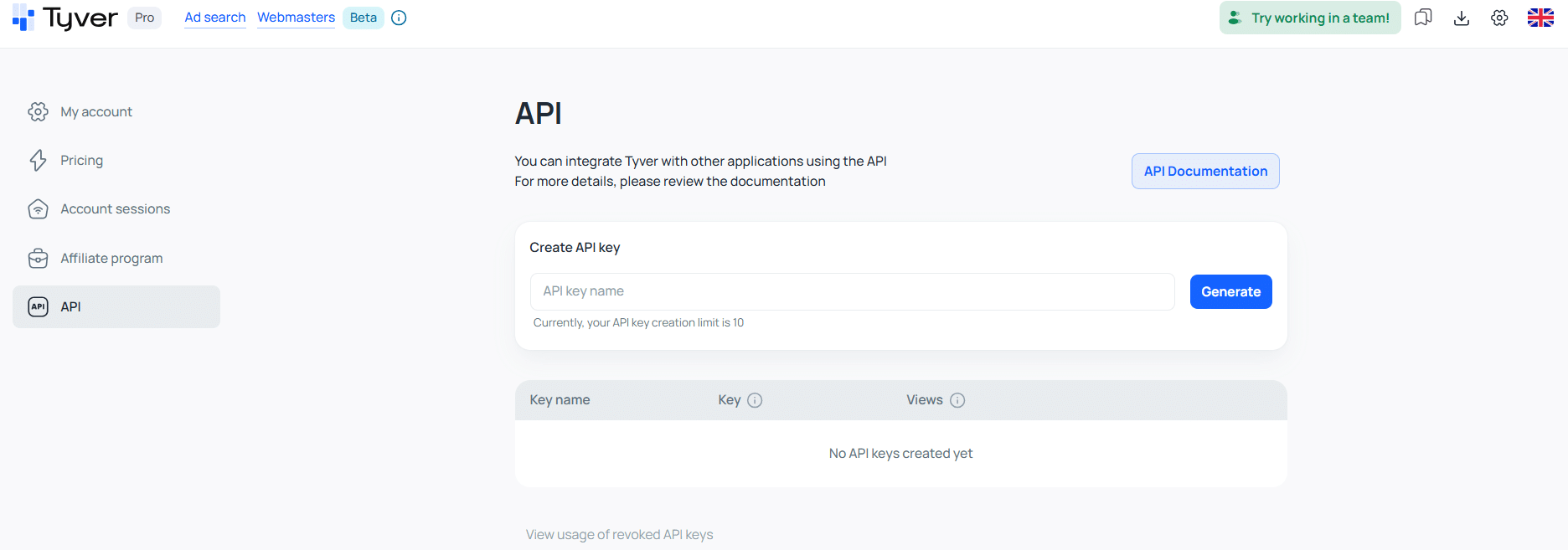 API section in the Tyver account