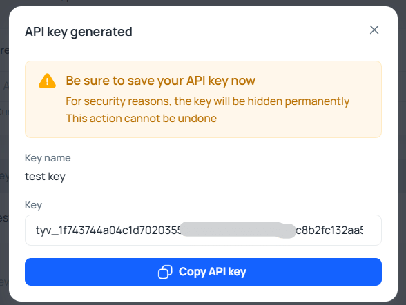 Generating an API key in Tyver