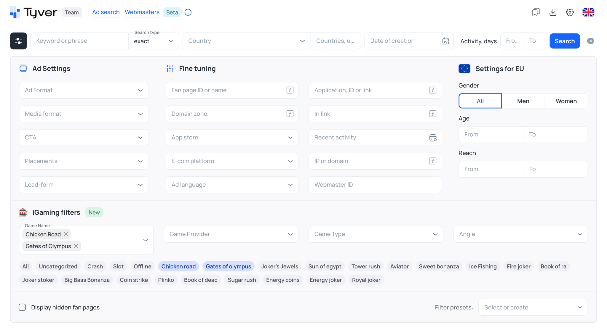 Creative search filters in Tyver