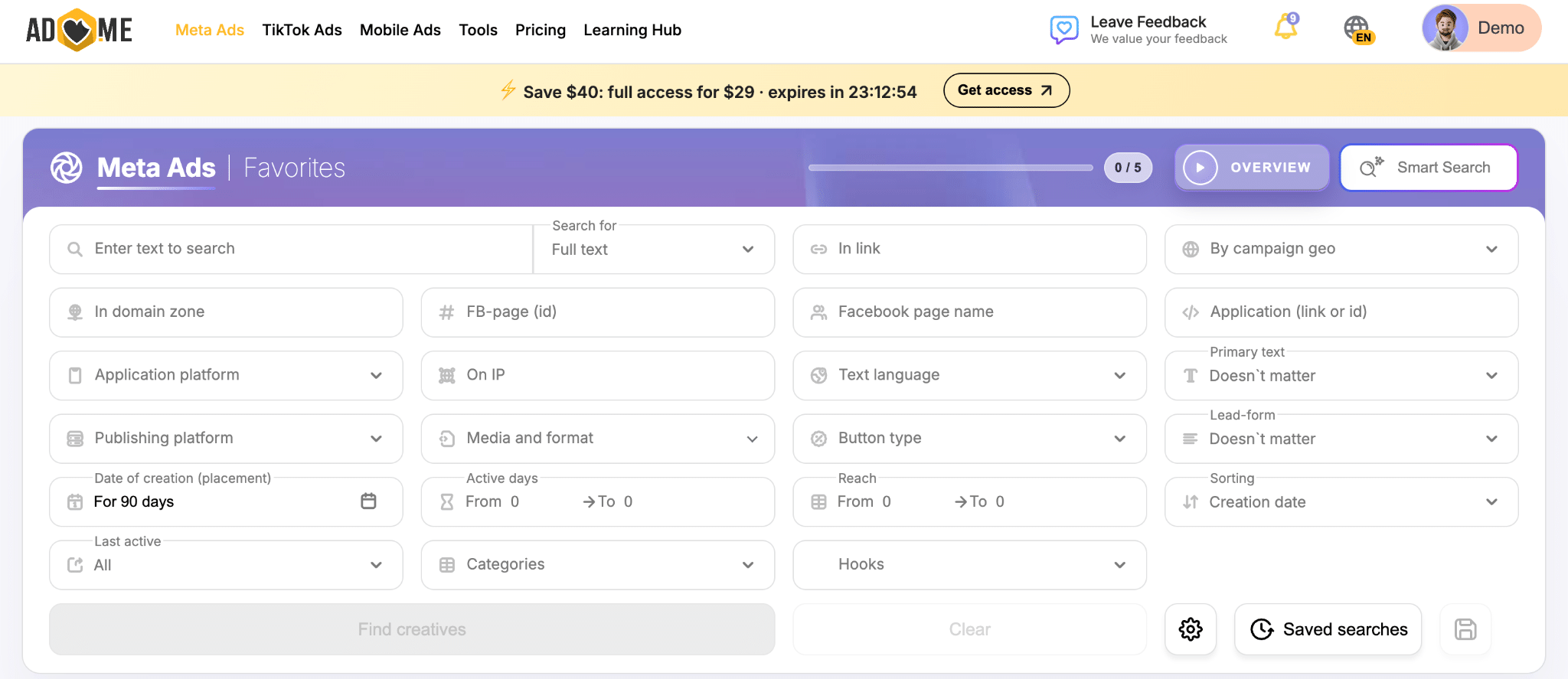 Search filters in AdHeart