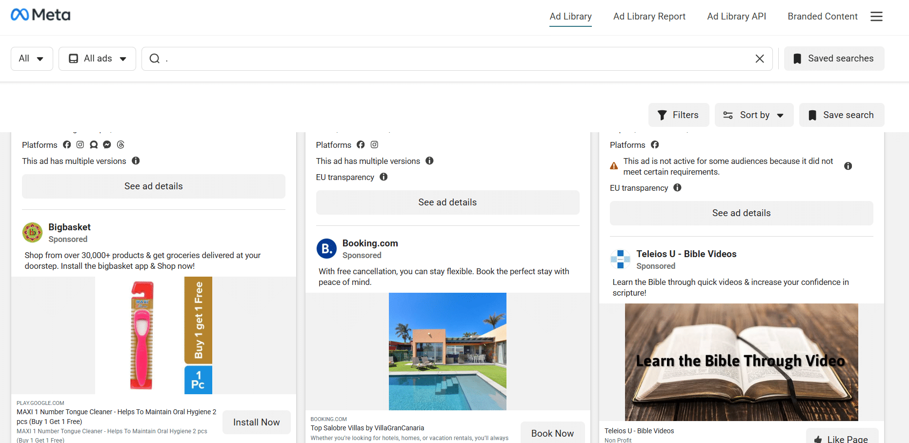 Ad search results in the Facebook Ad Library