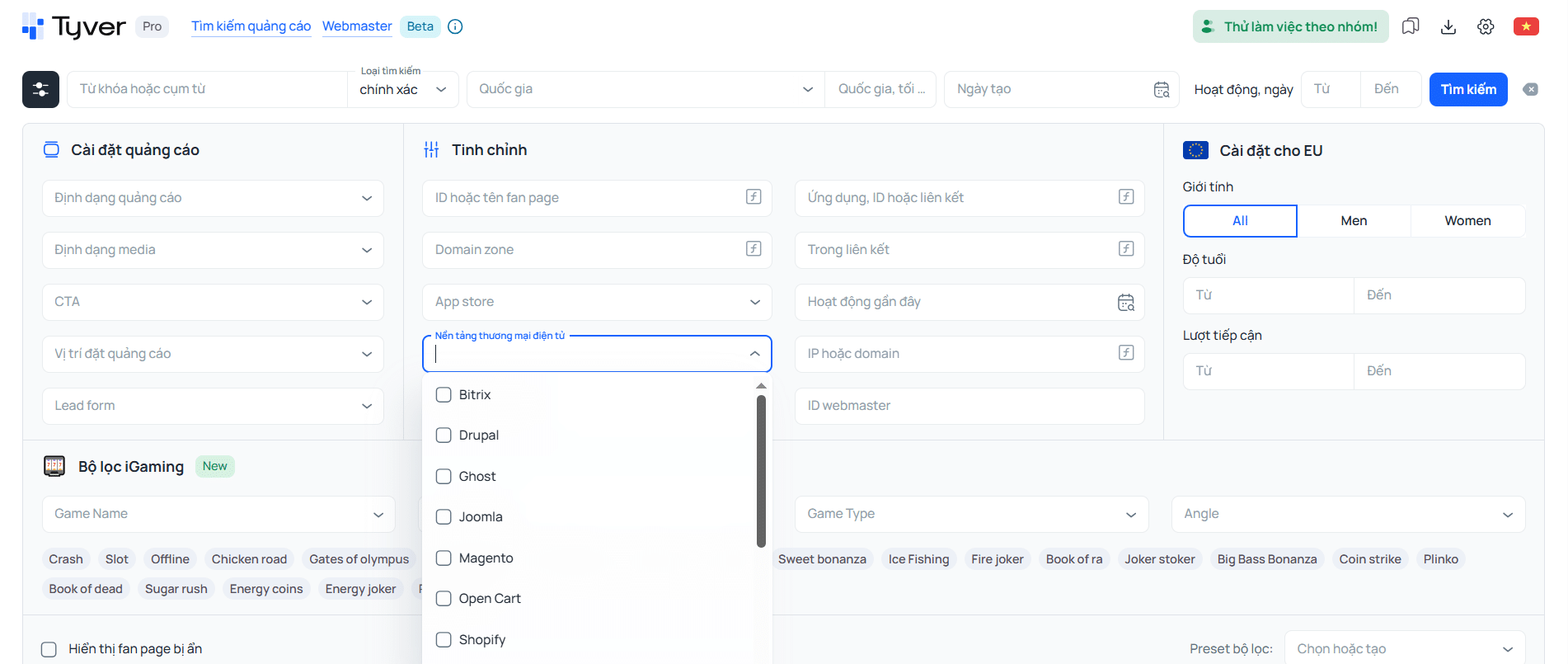 Tìm kiếm theo nền tảng E-commerce