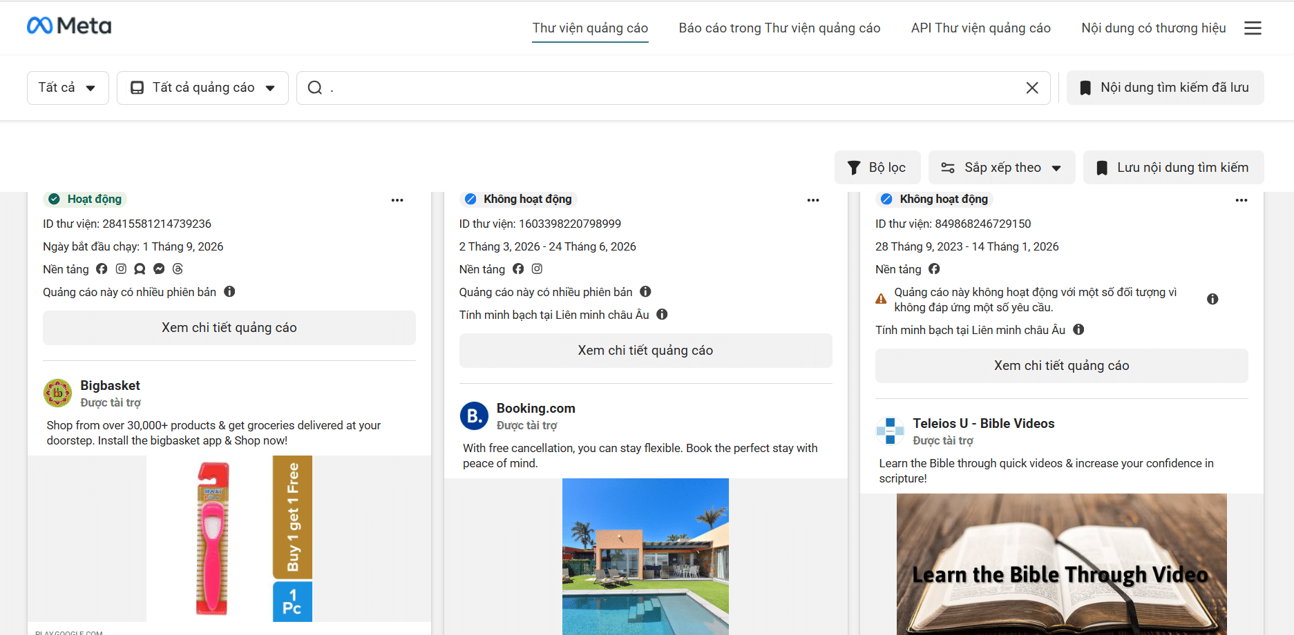 Kết quả quảng cáo trong Facebook Ad Library